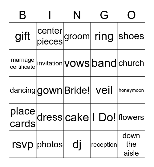 Bride Bingo Card