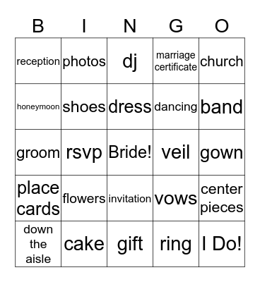 Bride Bingo Card