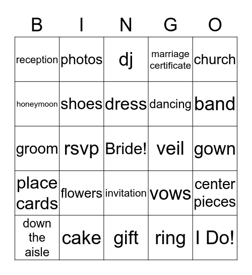 Bride Bingo Card