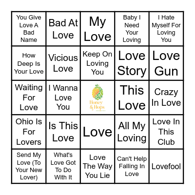 Bingo Bango LOVE Songs Bingo Card