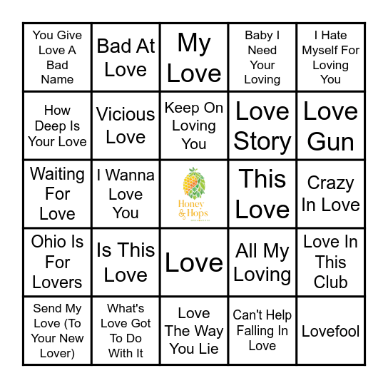Bingo Bango LOVE Songs Bingo Card