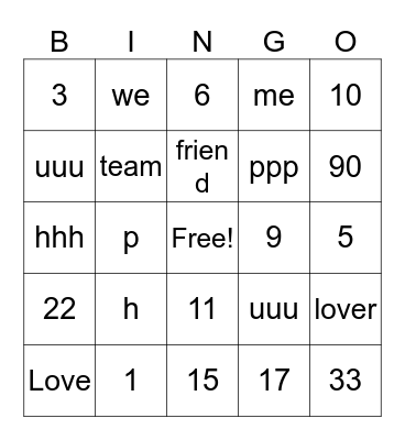 Valentines Bingo Card