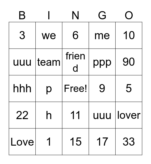 Valentines Bingo Card