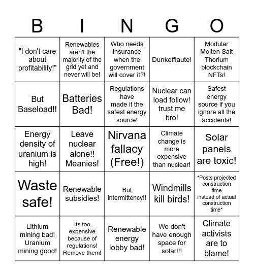 Nuclear Cadet Bingo Card