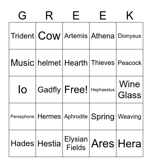 Olympic Gods Bingo Card