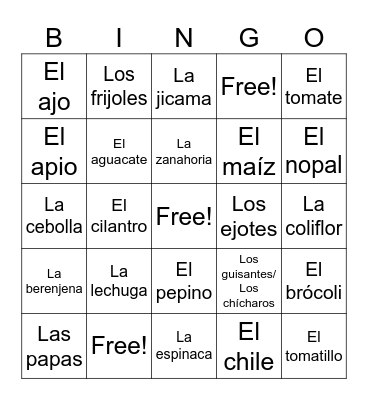 Los Vegetales Bingo Card