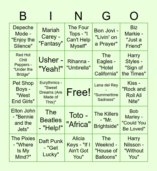 Fortinet 500 Songs of All Time Bingo Card