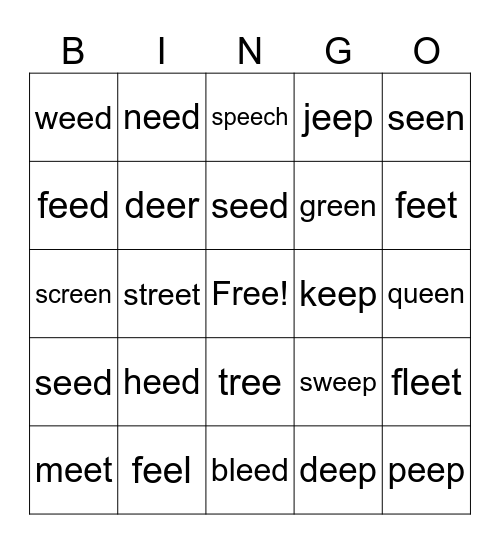 Vowel Team Bingo -ee Bingo Card