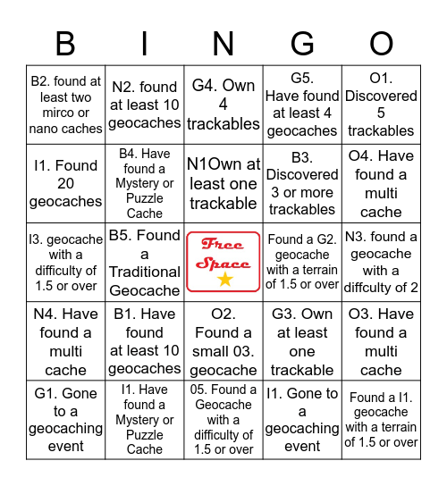 Geocache Bingo Card