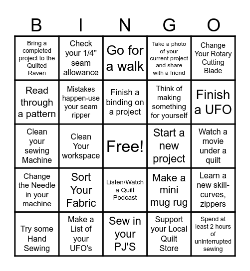 The Quilted Raven Bingo Challenge Bingo Card