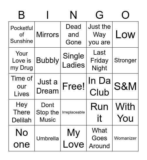 Pop 2k Bingo Card