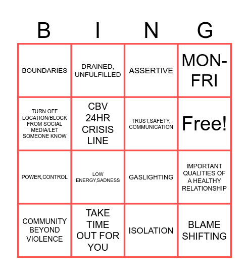 RELATIONSHIP BINGO Card