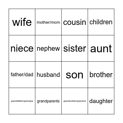 Family Bingo Card