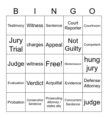 Competency Restoration Bingo Card