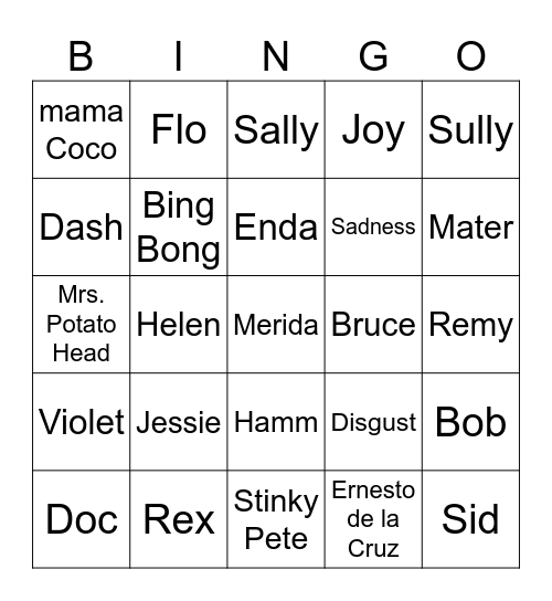 Pixar Bingo Card