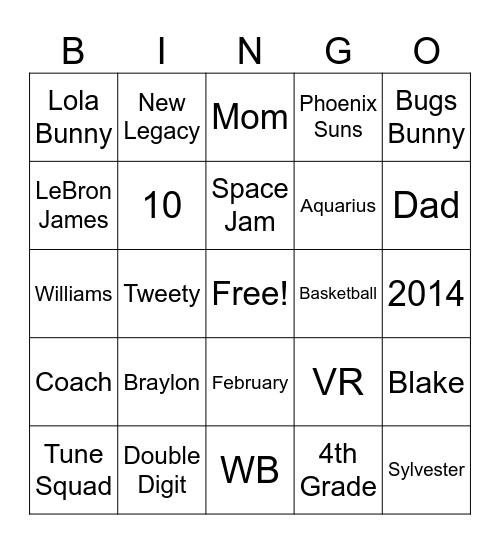 Braylon’s Tune Squad Bingo Card