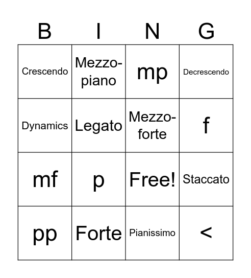 Music Markings Bingo Card