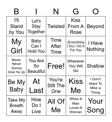 Love Songs Bingo Card