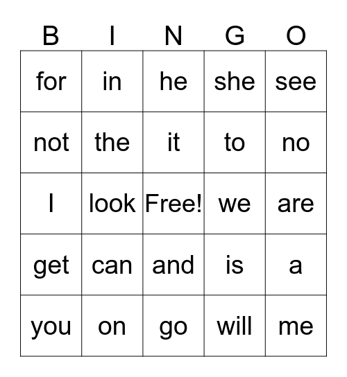 My Sight Words Bingo Card