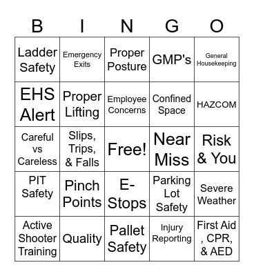 Safety Topic BINGO Card