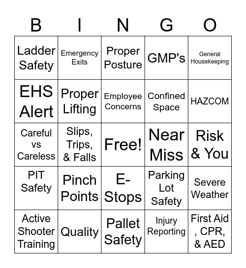 Safety Topic BINGO Card