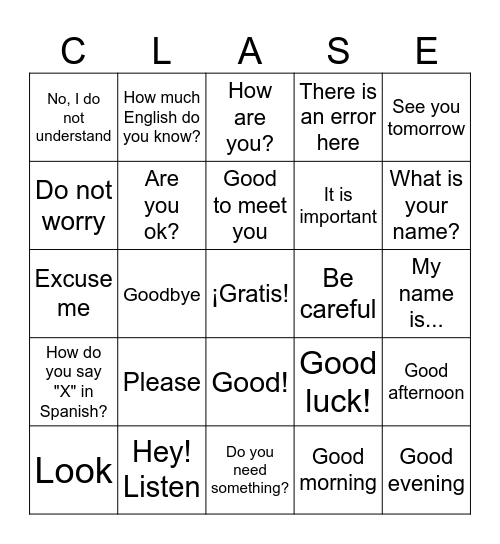 Spanish Classroom Vocab Bingo Card