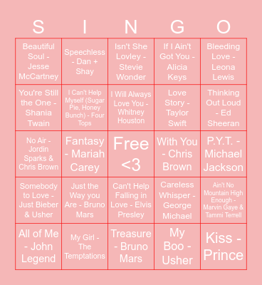 Valentine's SINGO Bingo Card