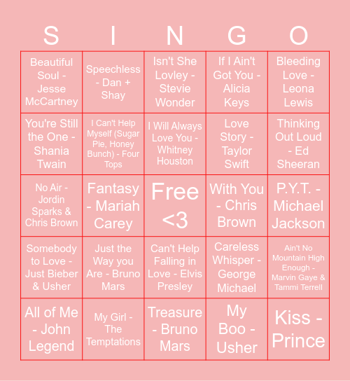 Valentine's SINGO Bingo Card