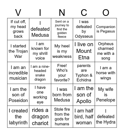 Mythology VINCO! Bingo Card