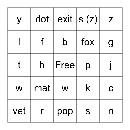 Consonant Bingo Card