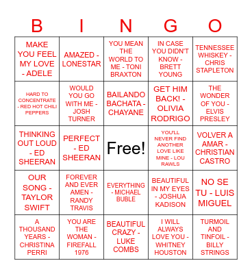VALENTINE'S DAY - LOVE SONGS Bingo Card