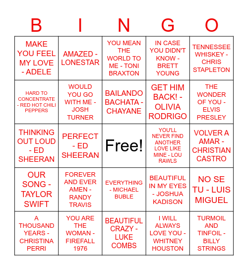 VALENTINE'S DAY - LOVE SONGS Bingo Card