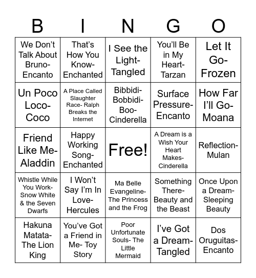 Disney Bingo Card