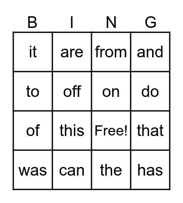 Sight Words Set #1 Bingo Card