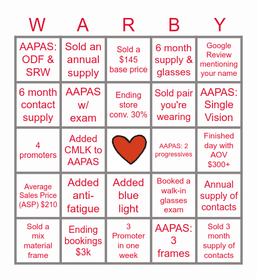 Warby Weekend Bingo Card
