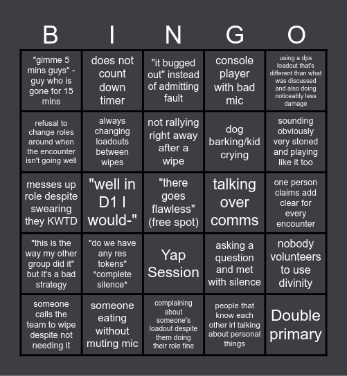 Destiny 2 Raid LFG Bingo Card