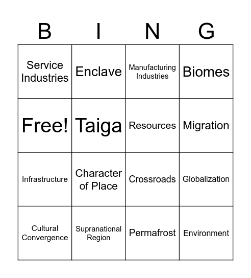 World Geography - Units 5 & 6 Bingo Card