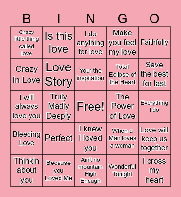 Valentine's Day Love Songs Bingo Card