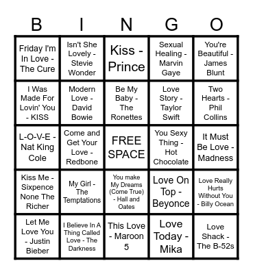 ❤️ MAD DOG MUSIC BINGO - VALENTINES SPECIAL ❤️ Bingo Card