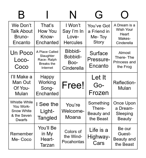 Disney Bingo Card