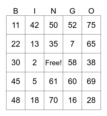 Numbers (1-75) Bingo Card