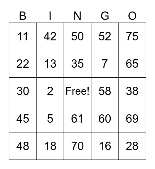 Numbers (1-75) Bingo Card