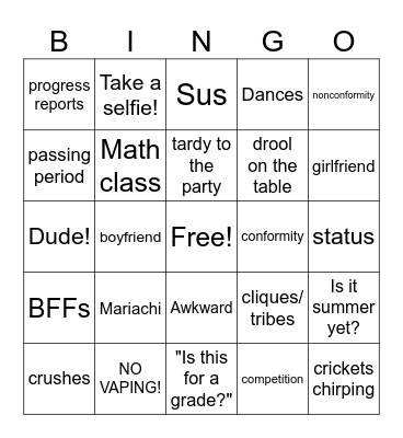 Middle School Bingo Card