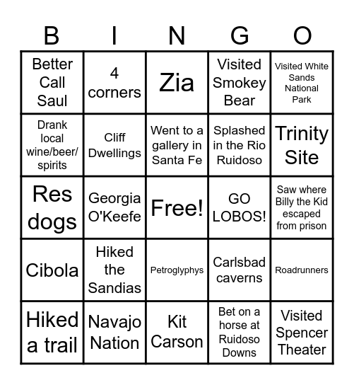 New Mexico Challenge Bingo Card