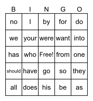 Heart Words Bingo Card