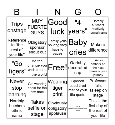 Graduation Bingo Card