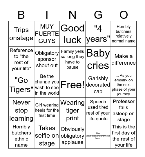 Graduation Bingo Card