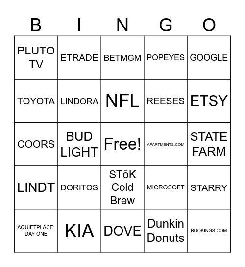 SOPS Super Bowl Fun - COMMERCIAL ADS EDITION Bingo Card