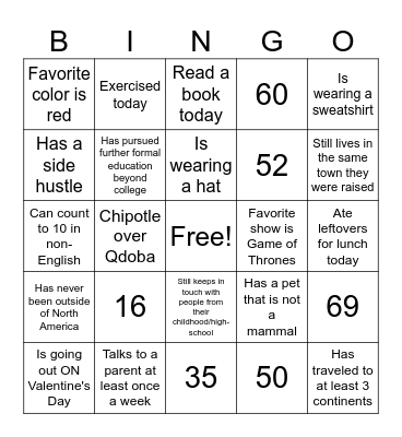 Numbers (1-75) Bingo Card