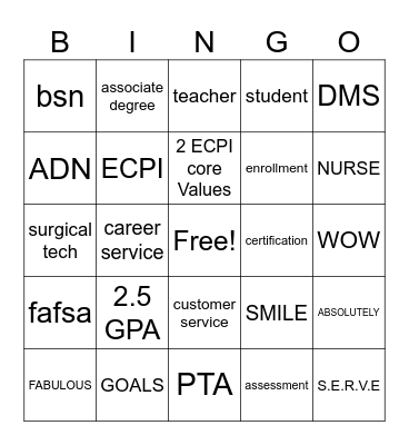 Admission Bingo Card